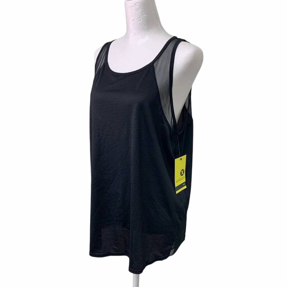 NEW XERSION women's loose fit sheer athletic textured stripe tank top in black